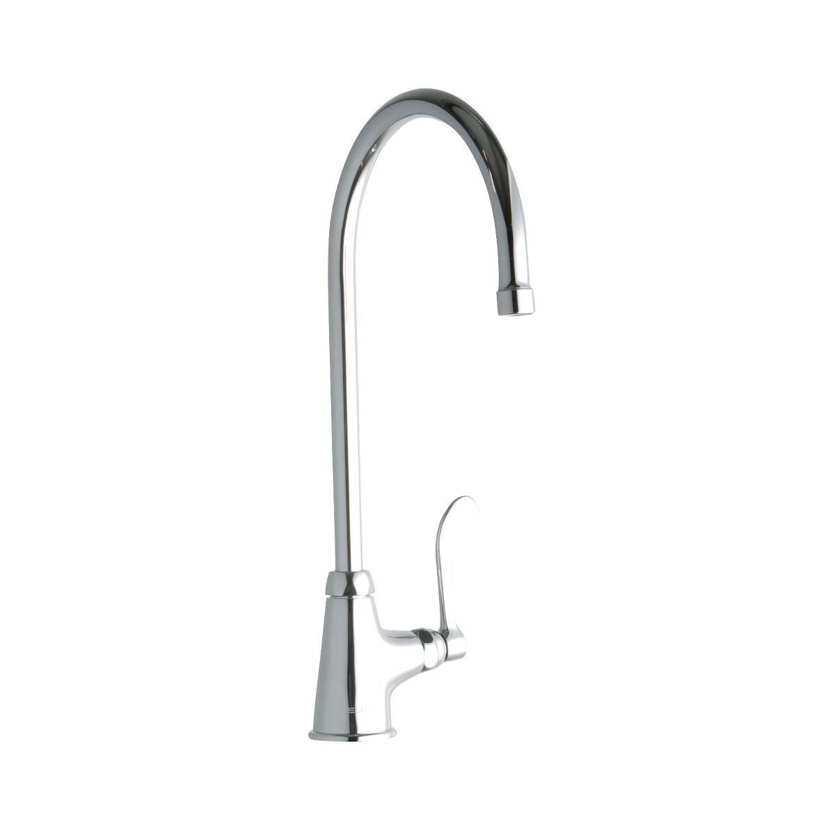 Chrome kitchen faucet with tall curved gooseneck spout and single wristblade handle.