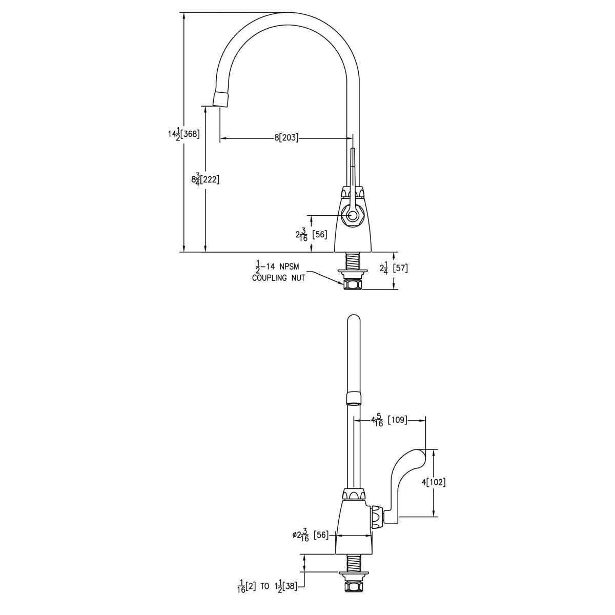 Chrome single-hole faucet with 8" gooseneck spout and 4" wristblade handle, shown in technical diagram with dimensions.