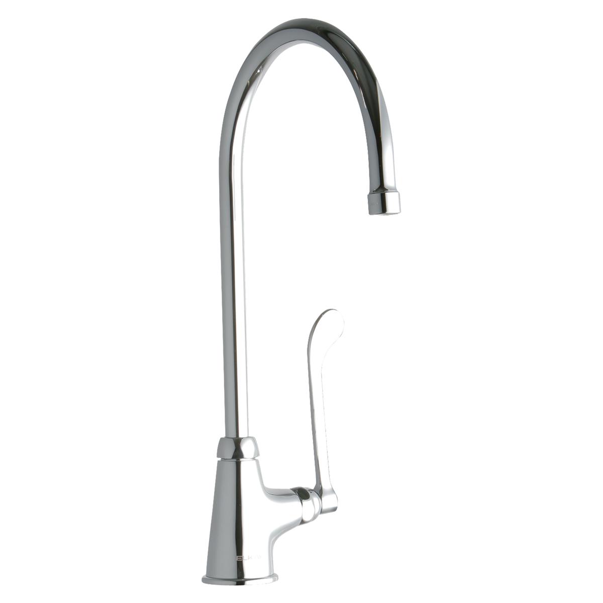 Chrome kitchen faucet with tall curved gooseneck spout and single wristblade handle on conical base.