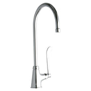 Chrome kitchen faucet with tall curved gooseneck spout and single wristblade handle on conical base.