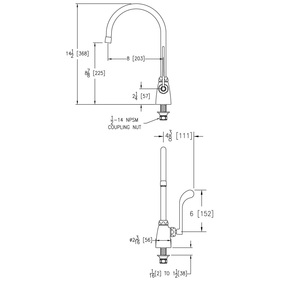 Chrome single-hole faucet with gooseneck spout and wristblade handle, shown with installation dimensions and coupling nut spe