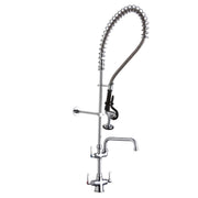 Chrome deck-mounted faucet with coiled flexible hose, arc tube spout, and dual lever handles.