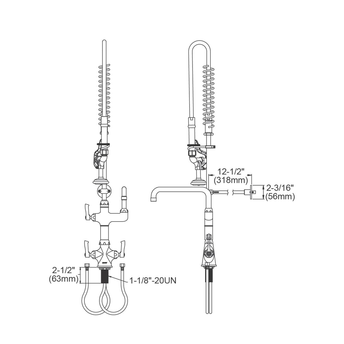 Technical line drawings showing Elkay faucet assembly with flexible hose, arc tube spout, lever handles, and dimensional spec