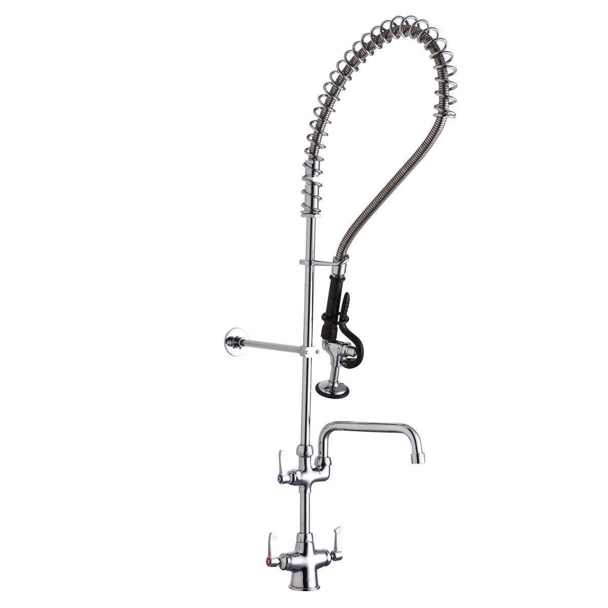 Chrome commercial faucet with curved spout, flexible hose with coiled cover, and dual lever handles mounted on deck.