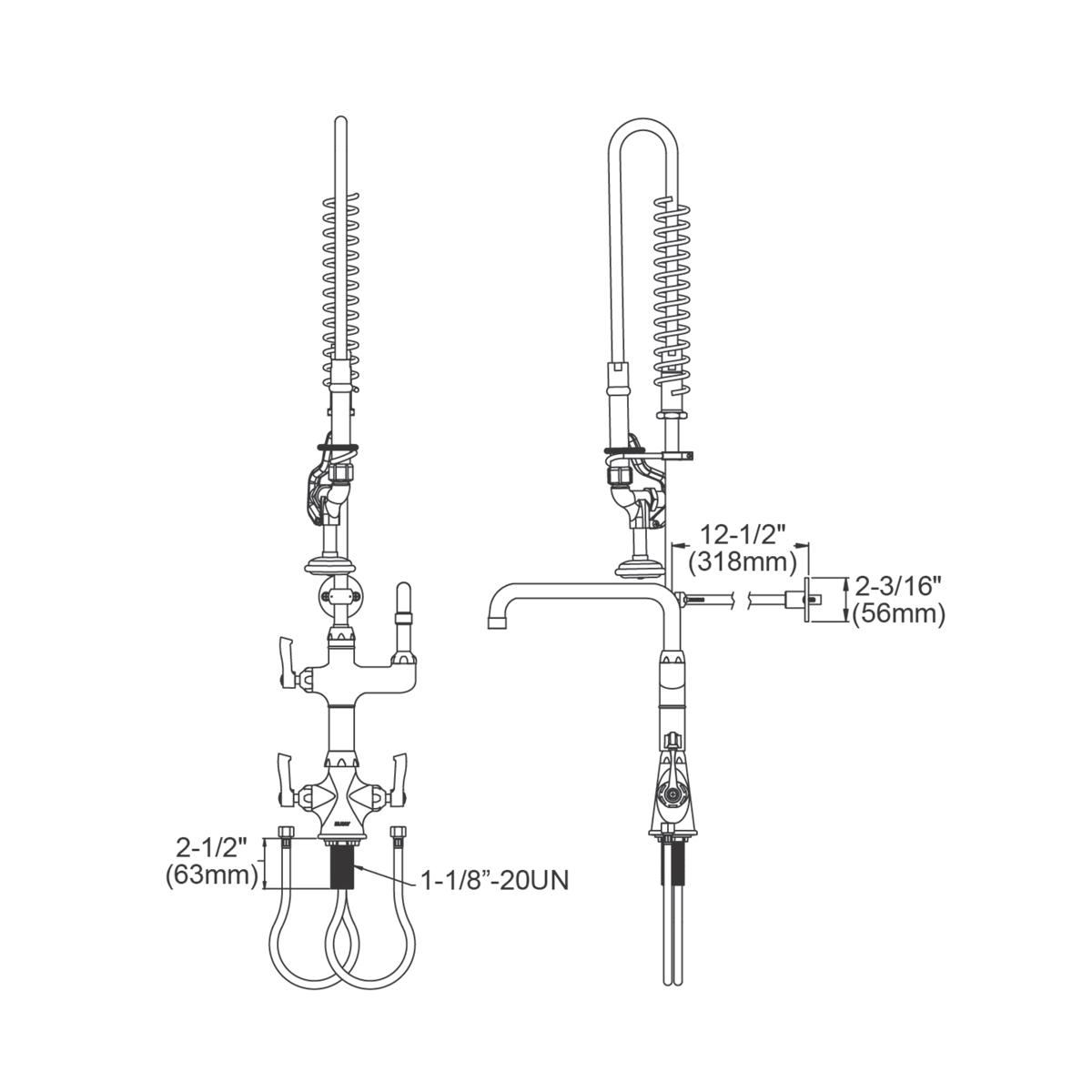 Technical line drawing of a commercial deck-mount faucet with dual lever handles, flexible hose spray head, and curved spout 