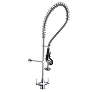 Chrome deck-mounted faucet with coiled flexible hose, spray head, and two lever handles.