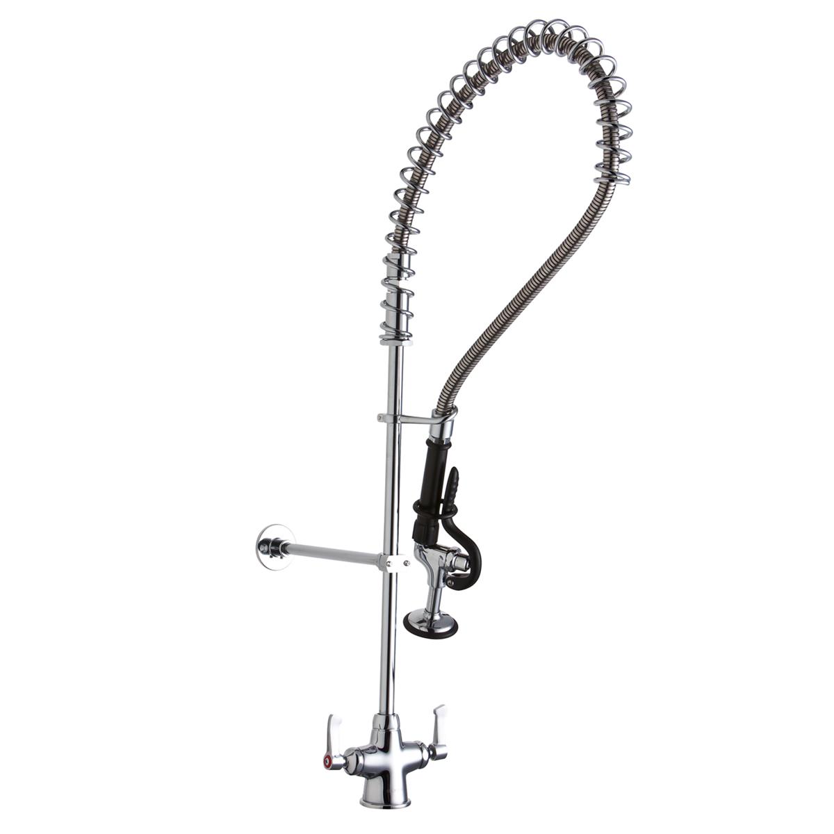 Chrome deck-mounted faucet with coiled flexible hose, spray head, and two lever handles.