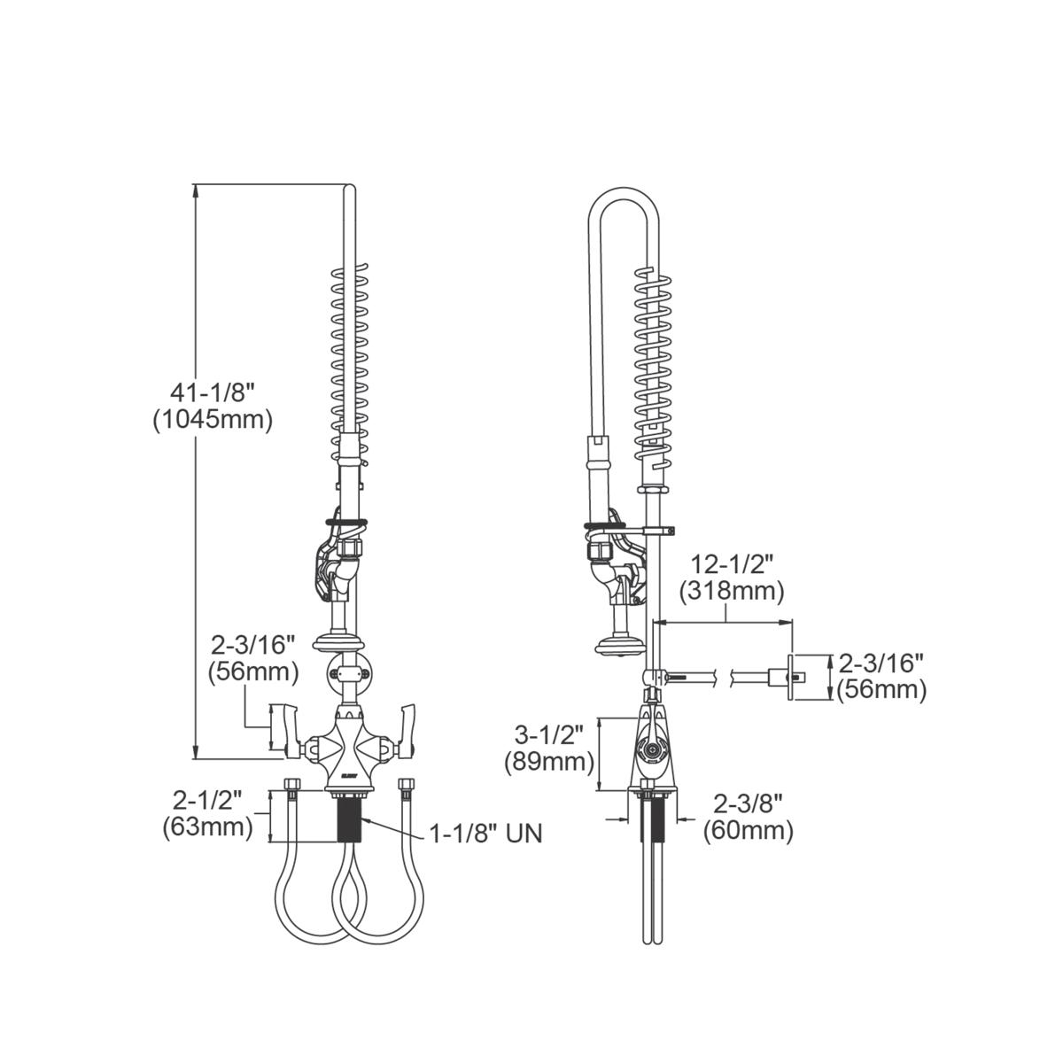 Technical drawing of concealed deck mount faucet with 44-inch flexible hose, spray head, and dual lever handles shown in fron