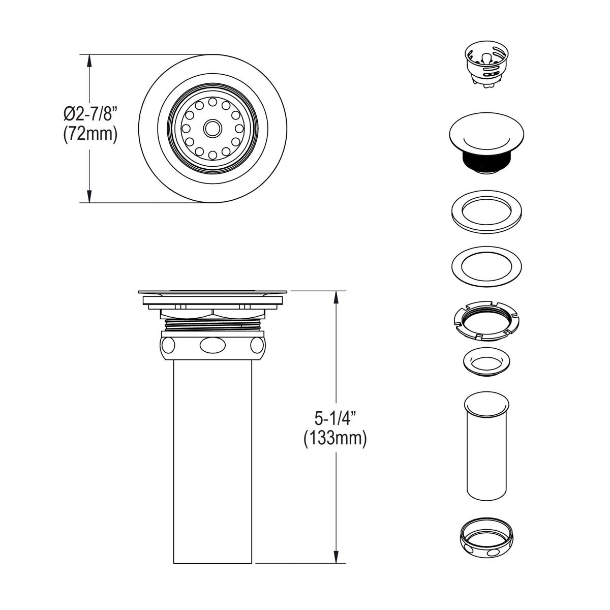Stainless steel drain fitting assembly with 2-7/8" diameter strainer basket, rubber seal, and component parts shown separatel