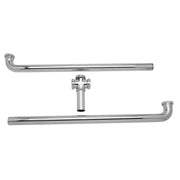 Chrome drain fitting assembly with center outlet manifold and two horizontal tubes for triple bowl sink configuration.