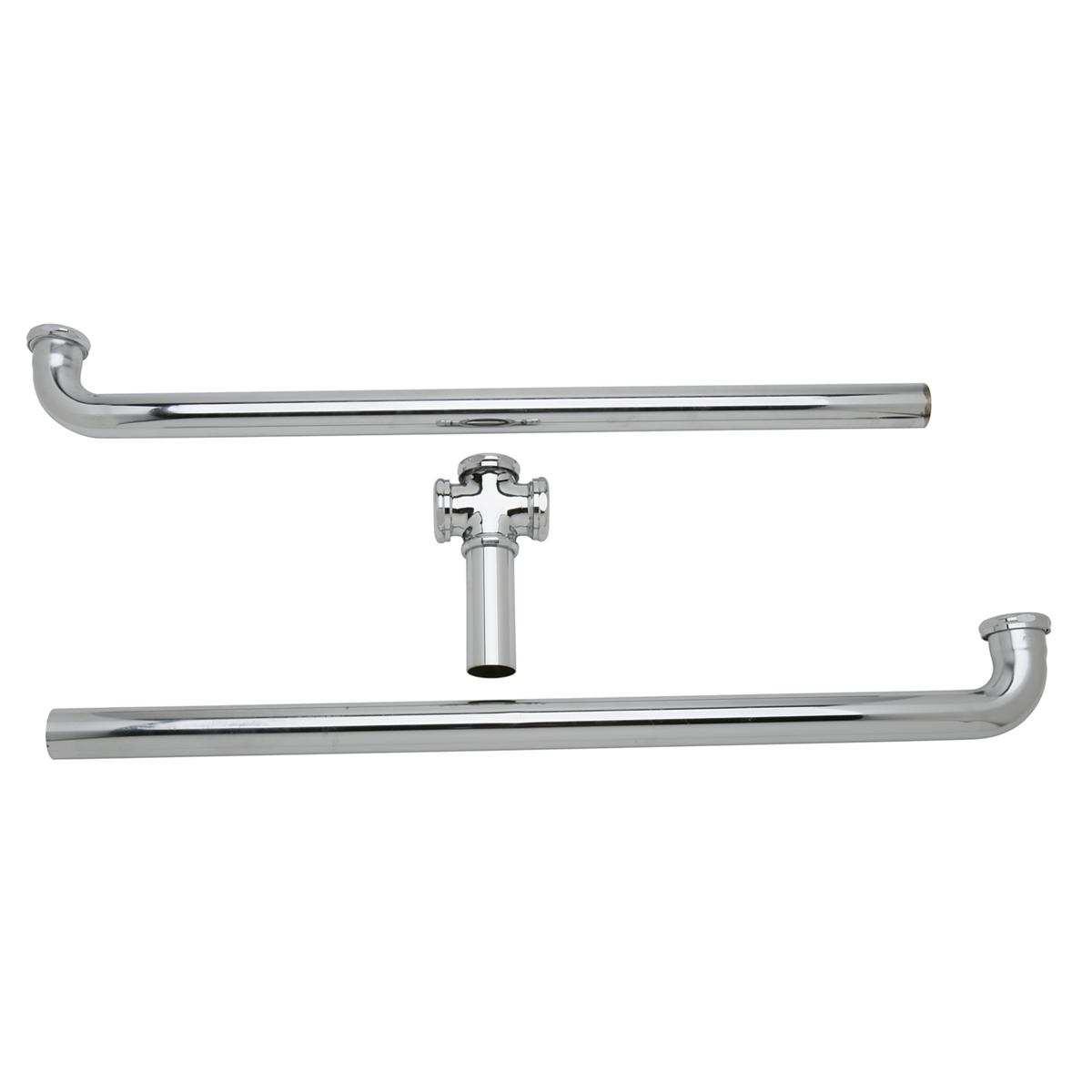Chrome drain fitting assembly with center outlet manifold and two horizontal tubes for triple bowl sink configuration.