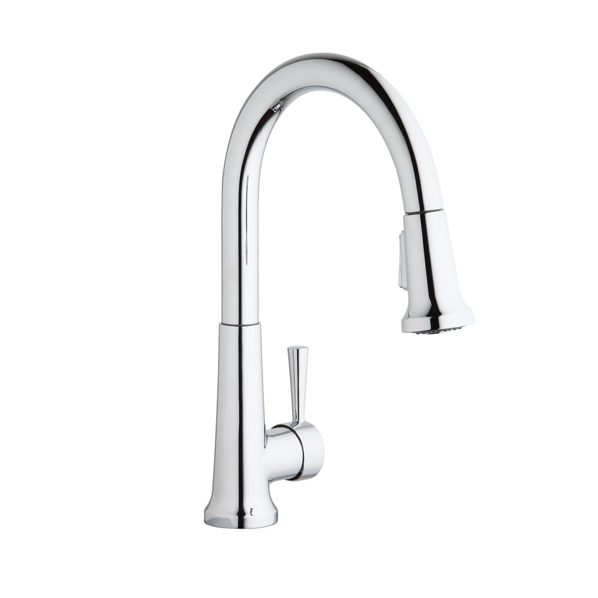 Chrome single-hole kitchen faucet with curved spout, pull-down spray head, and forward lever handle.