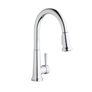 Chrome single-hole kitchen faucet with curved spout, pull-down spray head, and forward lever handle.