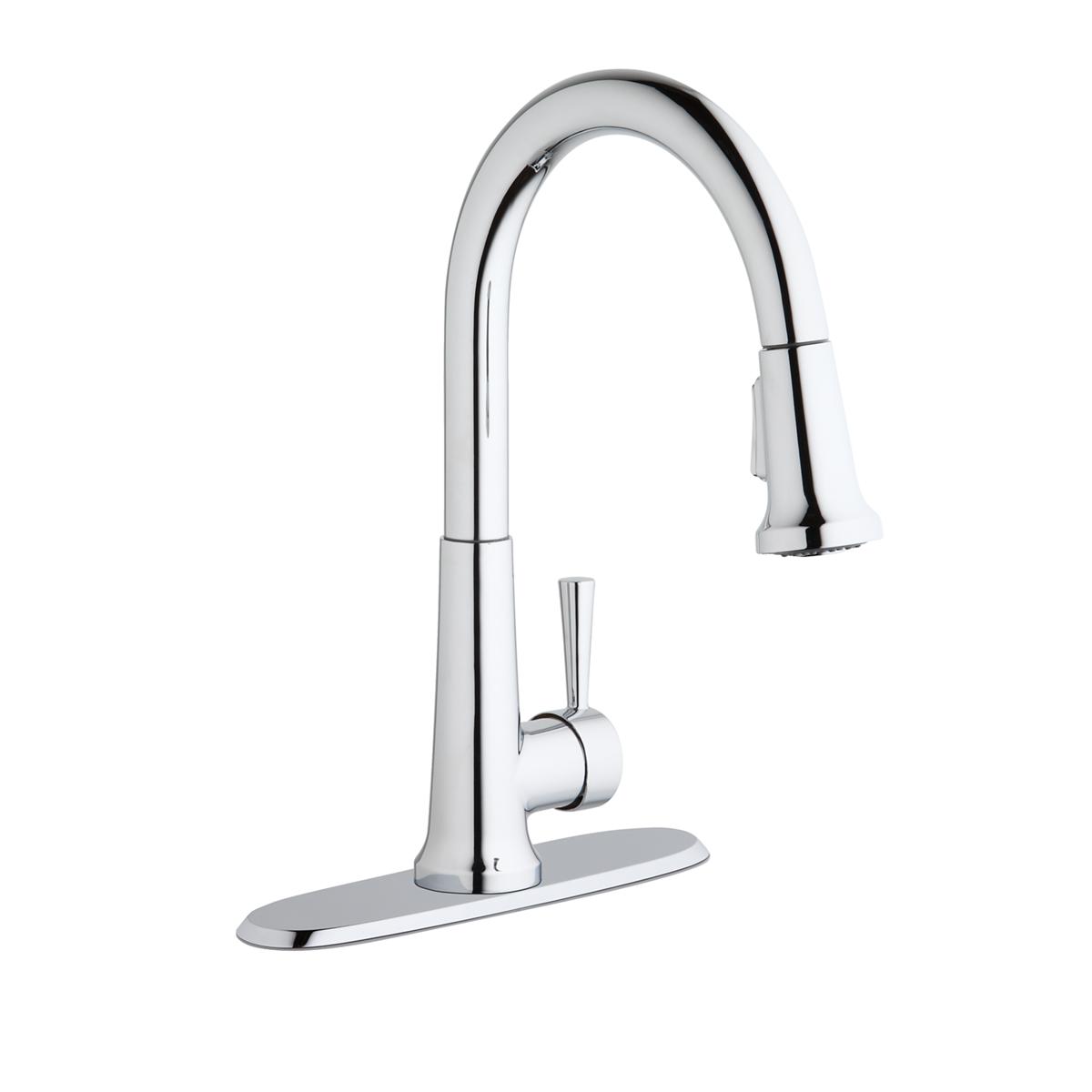 Chrome kitchen faucet with arched pulldown spray head and forward-only lever handle mounted on oval base.