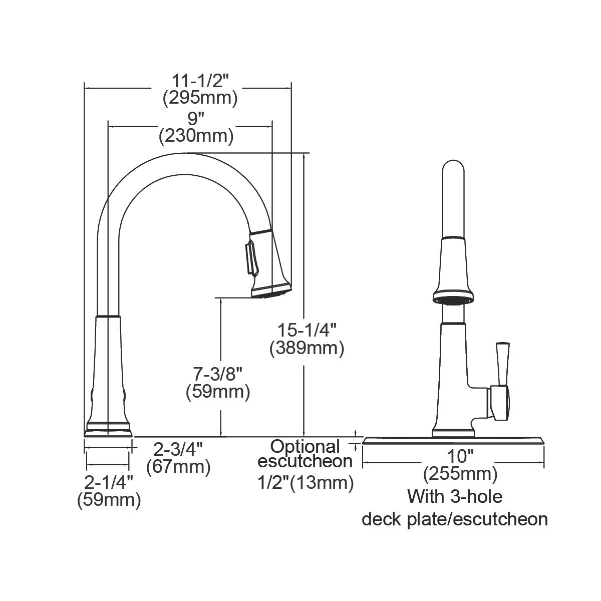 Chrome kitchen faucet with arched spout, pull-down spray head, and single forward lever handle shown with dimensional specifi