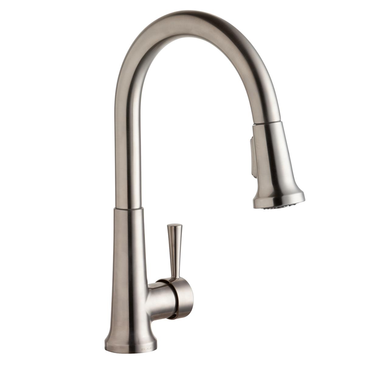 Lustrous steel single-hole kitchen faucet with curved pulldown spout and forward lever handle.