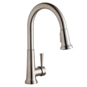 Lustrous steel single-hole kitchen faucet with curved pulldown spout and forward lever handle.