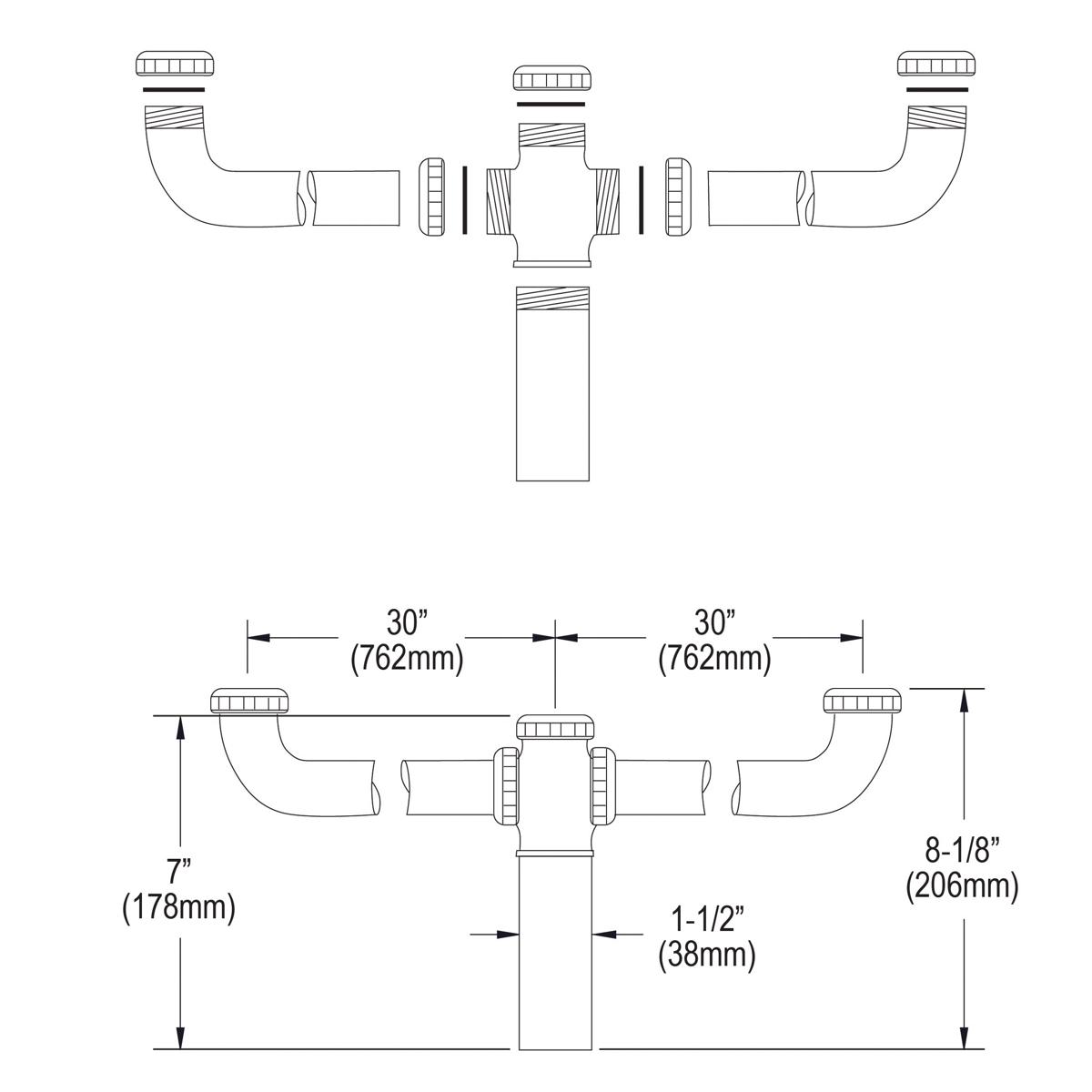 Drain fitting assembly with center outlet pipe connecting two curved side pipes with threaded fittings and mounting hardware.