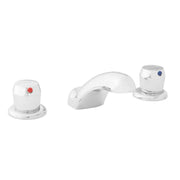 Chrome lavatory faucet with white push button handles, fixed spout, and metered controls.