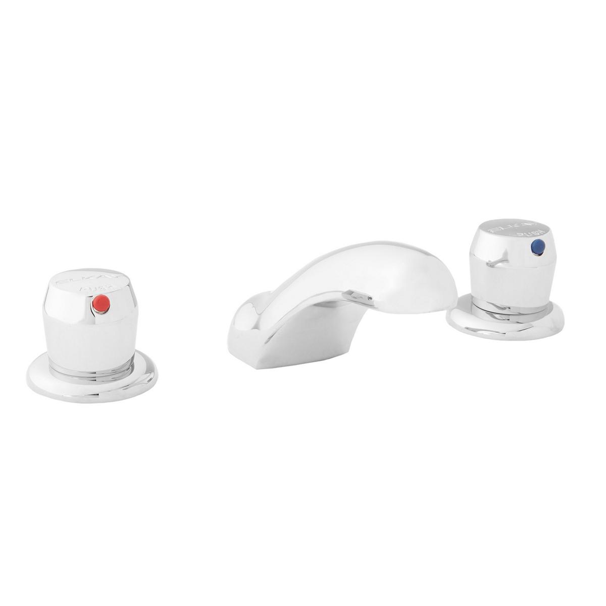 Chrome lavatory faucet with white push button handles, fixed spout, and metered controls.