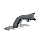 Chrome lavatory faucet with push button handle, fixed spout, and wide deck plate for single-hole mounting.