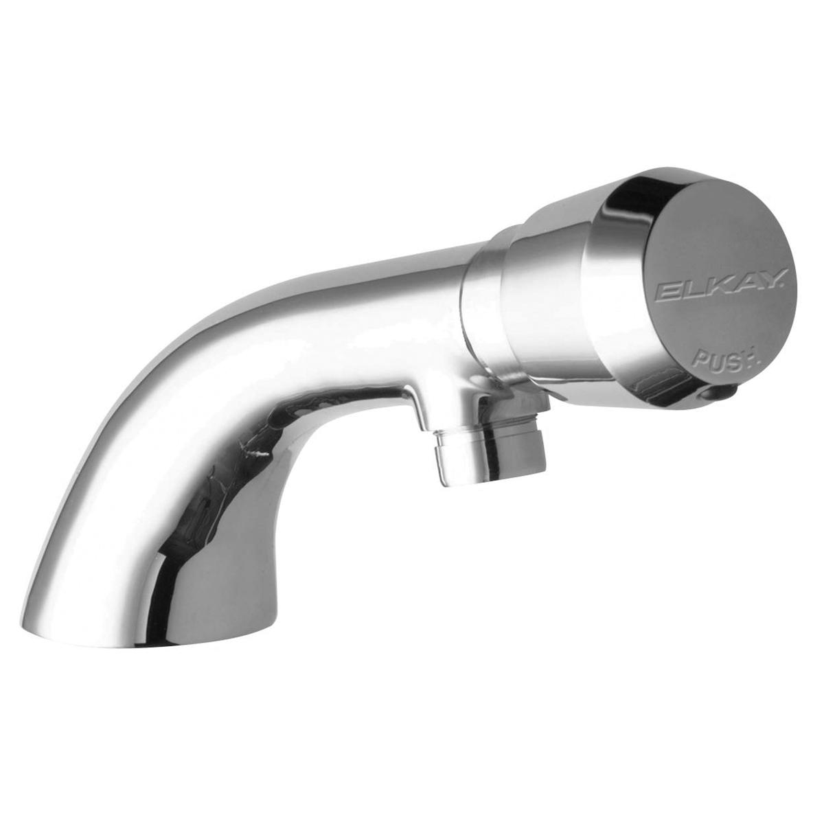 Chrome lavatory faucet with curved spout, push button handle, and metered flow control mechanism.