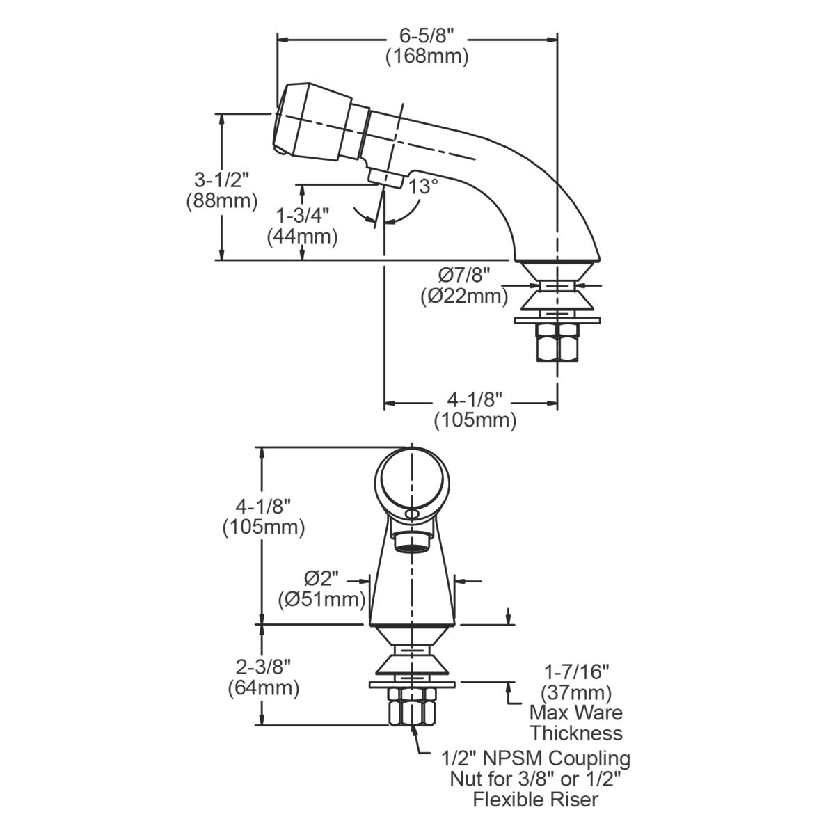 Chrome lavatory faucet with concealed deck metering mechanism, cast fixed spout, and push button handle shown in technical sc