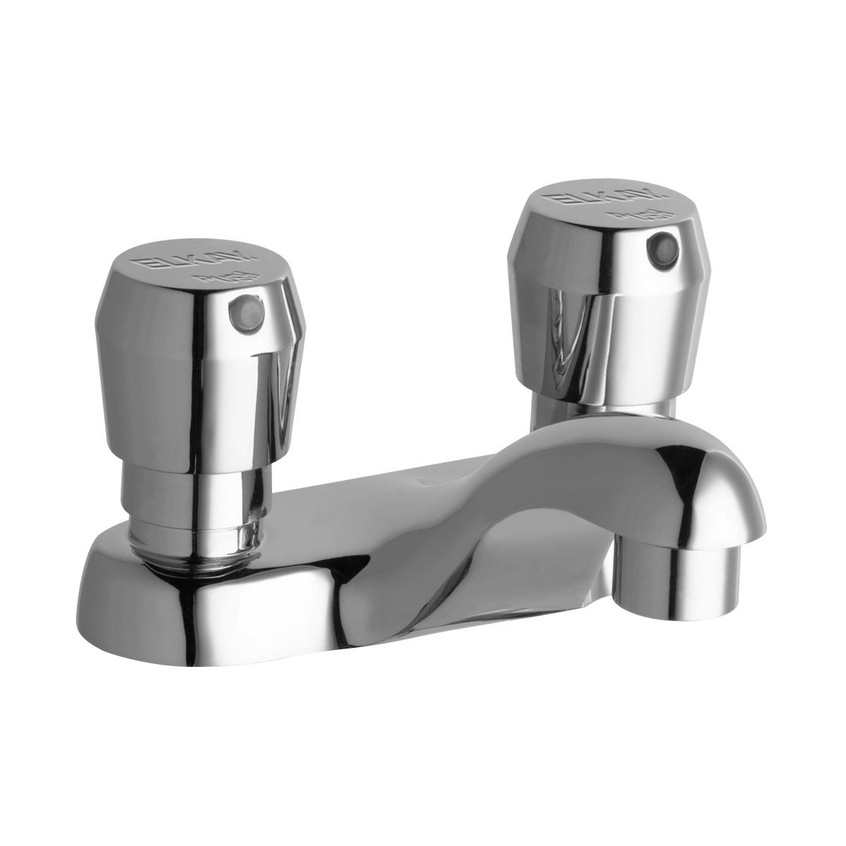 Chrome lavatory faucet with two push button handles and curved fixed spout.