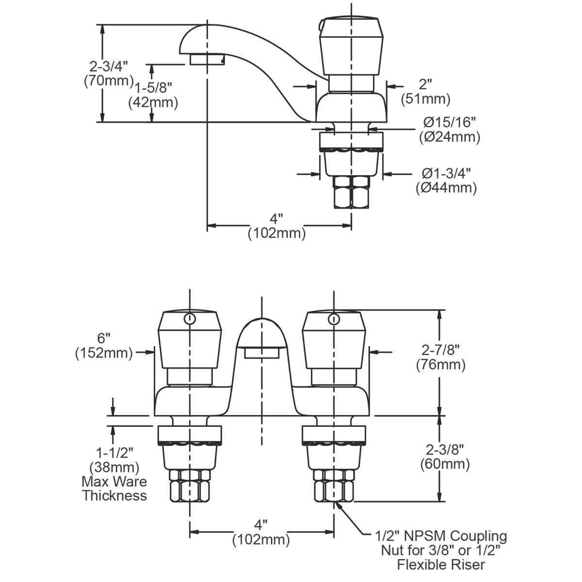 Chrome metered lavatory faucet with 4" fixed spout and push button handles, shown in technical drawings with dimensions.