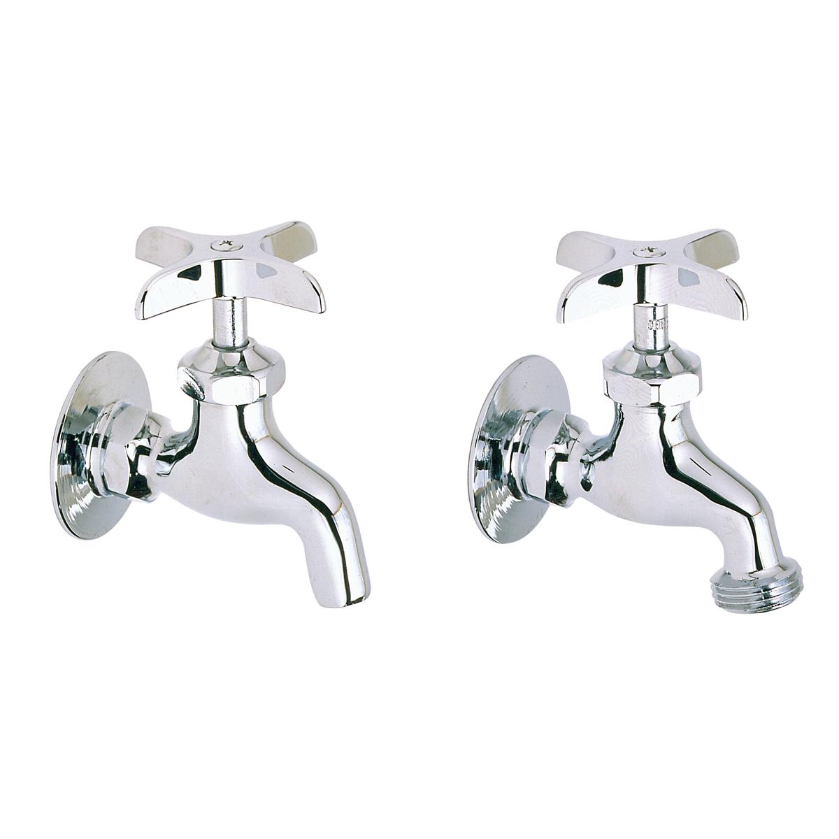 Chrome wall-mount faucets with curved spouts and cross-handle controls, shown as a pair.