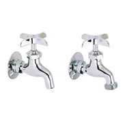 Chrome wall-mount faucets with curved spouts and cross-handle controls, shown as a pair.