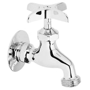 Chrome wall-mounted utility faucet with dual white handles, curved spout, and circular mounting flange.