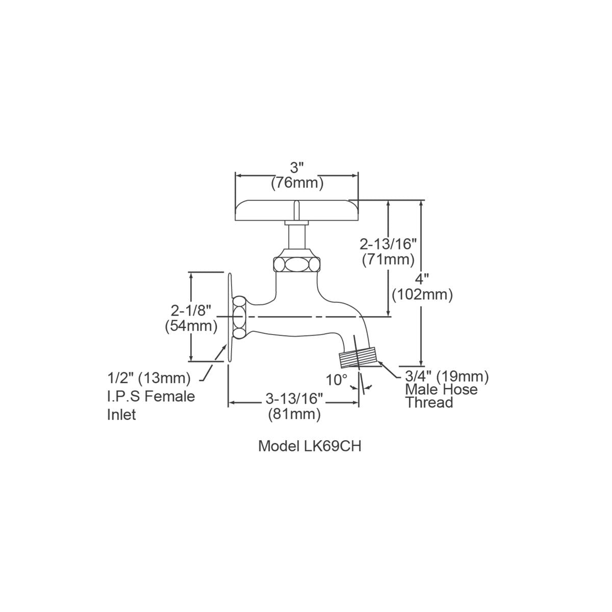 Chrome wall-mount utility faucet with single hole connection, hose end, and lever handle; technical drawing with dimensions.