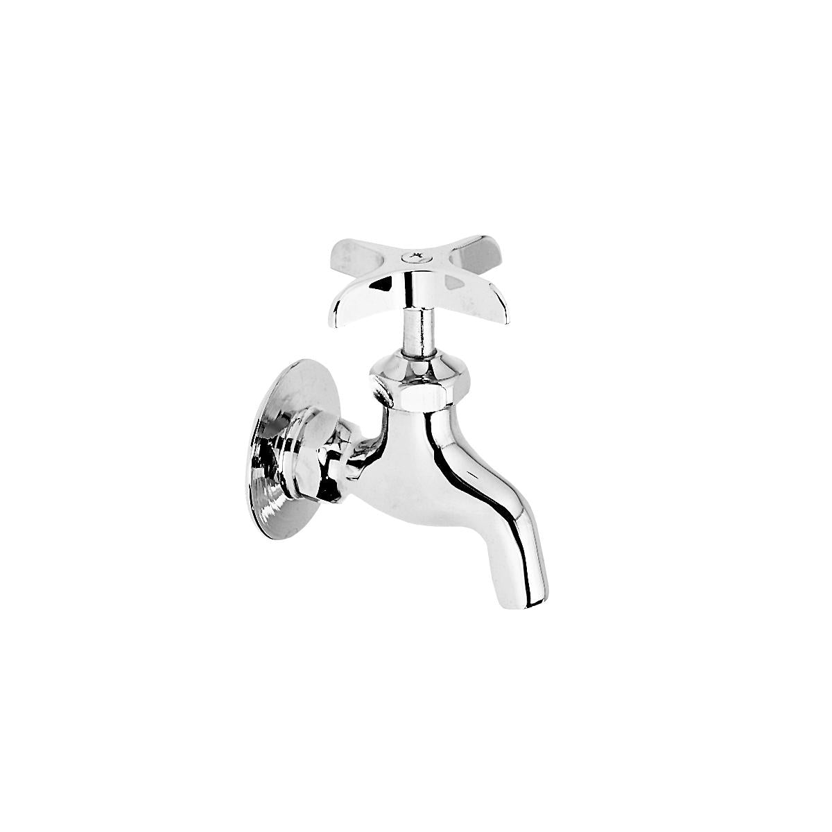 Chrome wall-mount utility faucet with dual lever handles and curved spout.