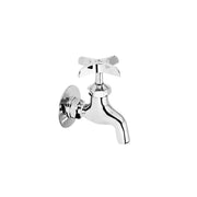 Chrome wall-mount utility faucet with dual lever handles and curved spout.