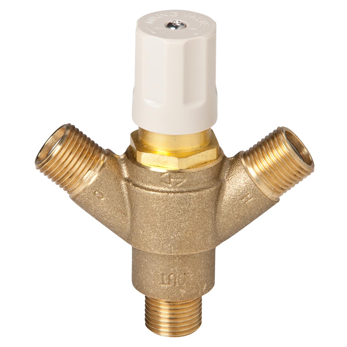 Brass thermostatic mixing valve with white cap and dual threaded outlets for water line connections.
