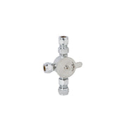 Chrome mixing valve with central control knob, threaded connection ports on top, bottom, and side.