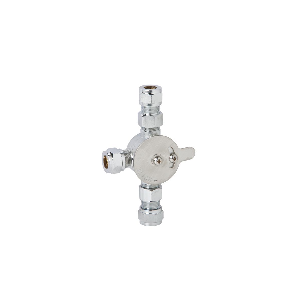 Chrome mixing valve with central control knob, threaded connection ports on top, bottom, and side.
