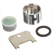 Chrome aerator assembly with green mesh screen, metal housing, metal retaining plate, and black rubber washer.