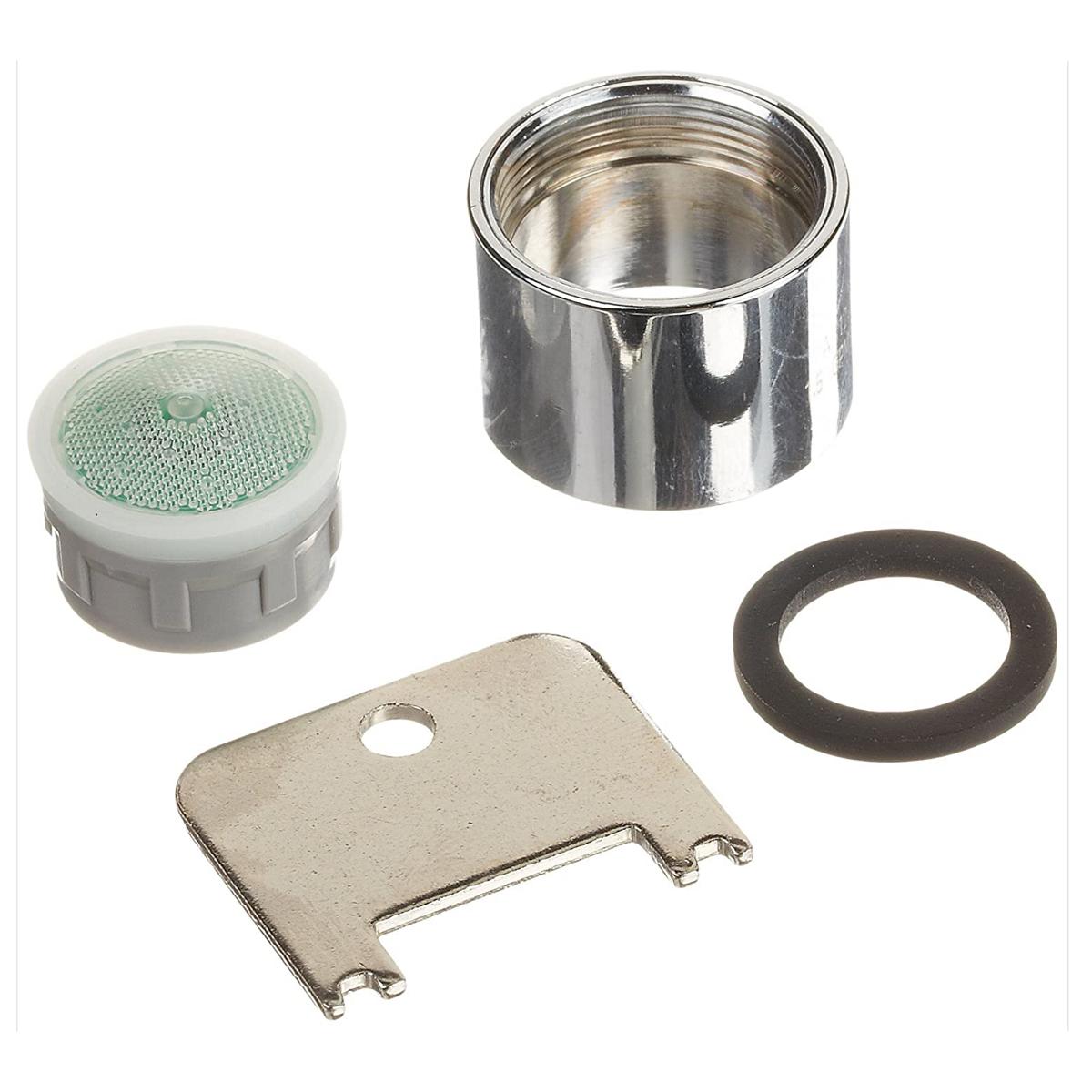 Chrome aerator assembly with green mesh screen, metal housing, metal retaining plate, and black rubber washer.