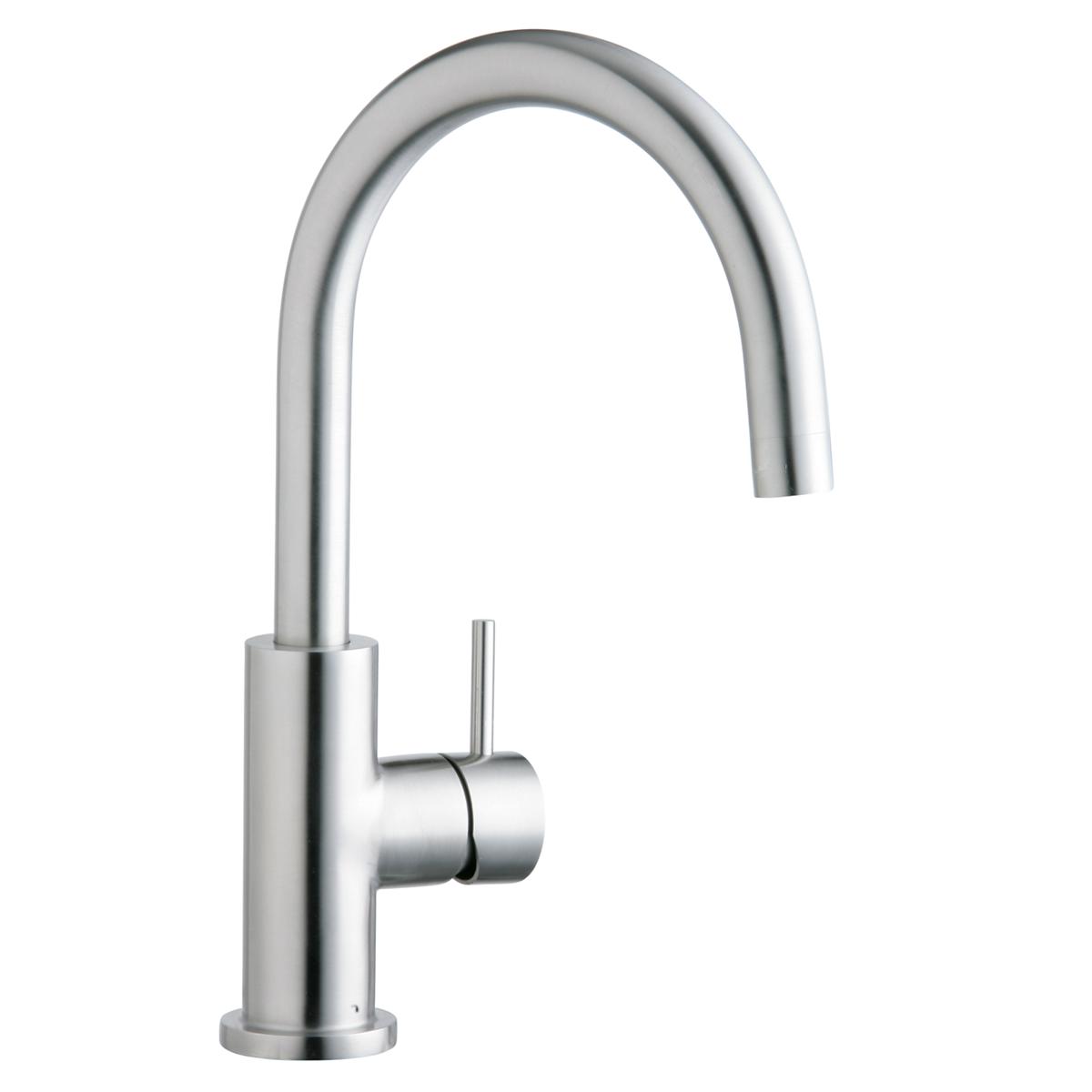 Satin stainless steel kitchen faucet with curved spout and single lever handle.