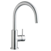 Satin stainless steel kitchen faucet with curved spout and single lever handle.