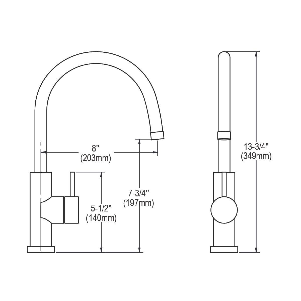 Satin stainless steel single-hole kitchen faucet with curved spout and lever handle, shown in front and side technical drawin
