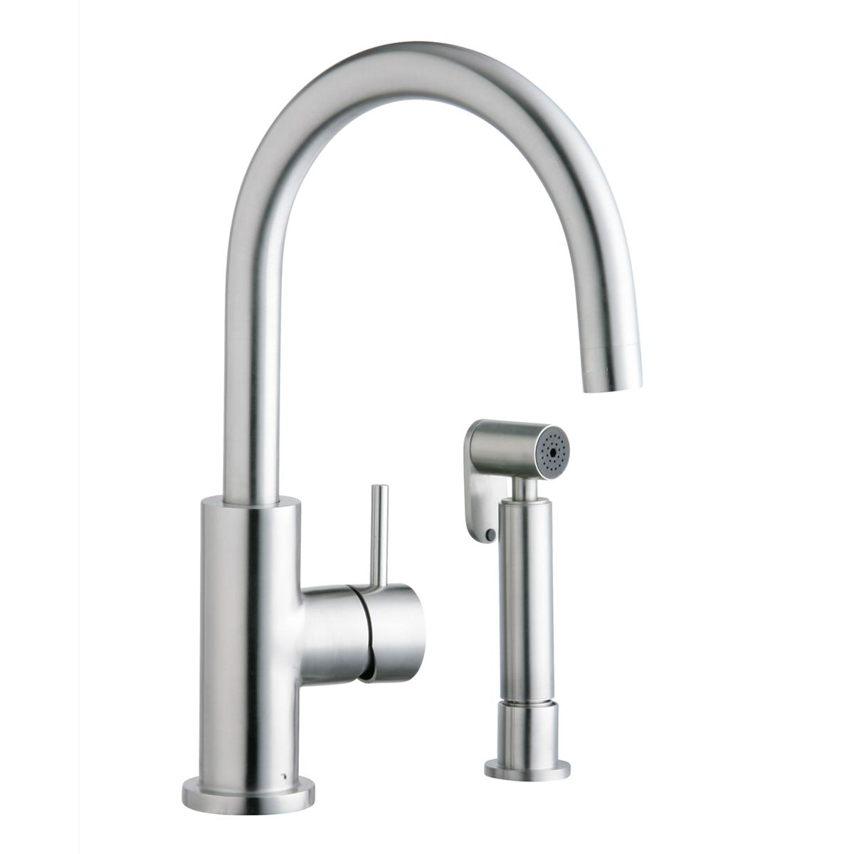 Satin stainless steel kitchen faucet with curved spout, side lever handle, and detachable side spray.