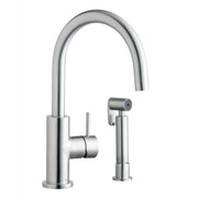 Satin stainless steel kitchen faucet with curved spout, side lever handle, and detachable side spray.