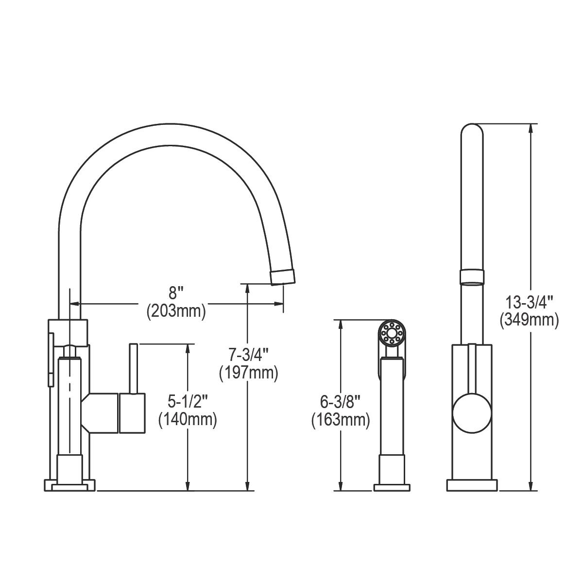 Satin stainless steel kitchen faucet with curved spout, lever handle, and detachable side spray shown with dimensional specif