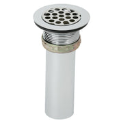 Stainless steel drain fitting with circular perforated grid strainer top and white PVC tailpiece below.