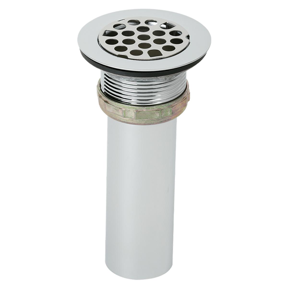 Stainless steel drain fitting with circular perforated grid strainer top and white PVC tailpiece below.