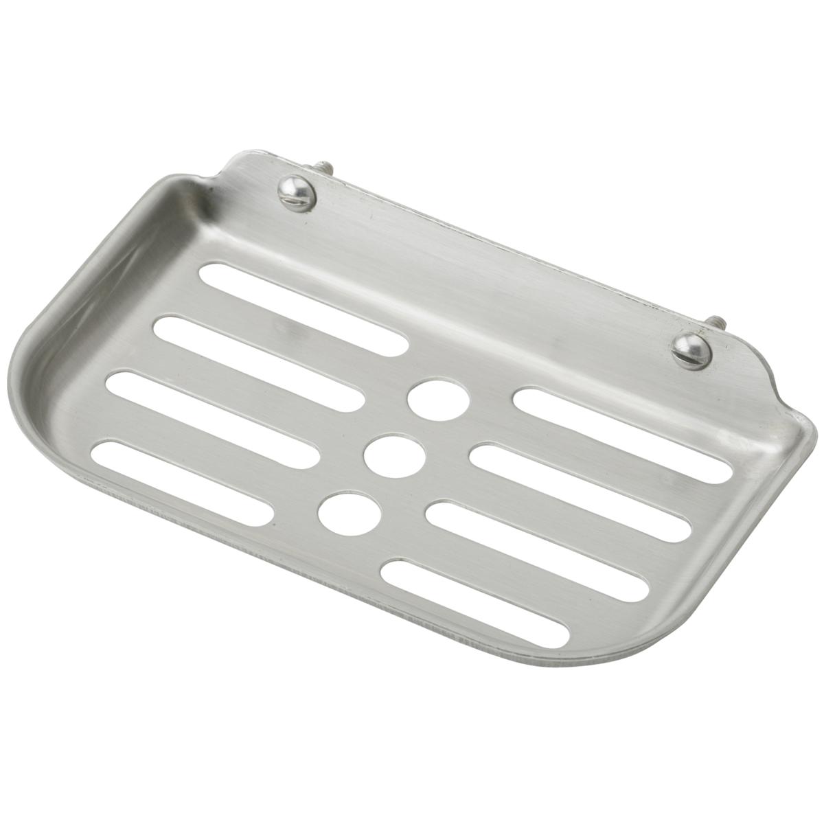 Stainless steel soap dish with slotted drainage holes and mounting hardware for wall installation.