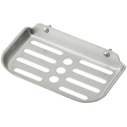 Stainless steel soap dish with slotted drainage holes and mounting hardware for wall installation.